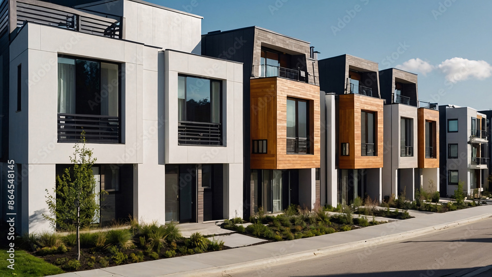 Street with modern modular private townhouses. Appearance of residential architecture Street with modern modular private townhouses. Appearance of residential architecture