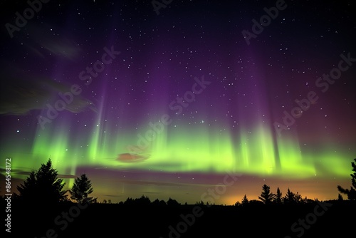 Sky aurora at night in nature. Northern landscape with borealis green aurora borealis. Stars in space lights silhouette forest. Arctic outdoors astronomy polar tree. Winter © valiantsin