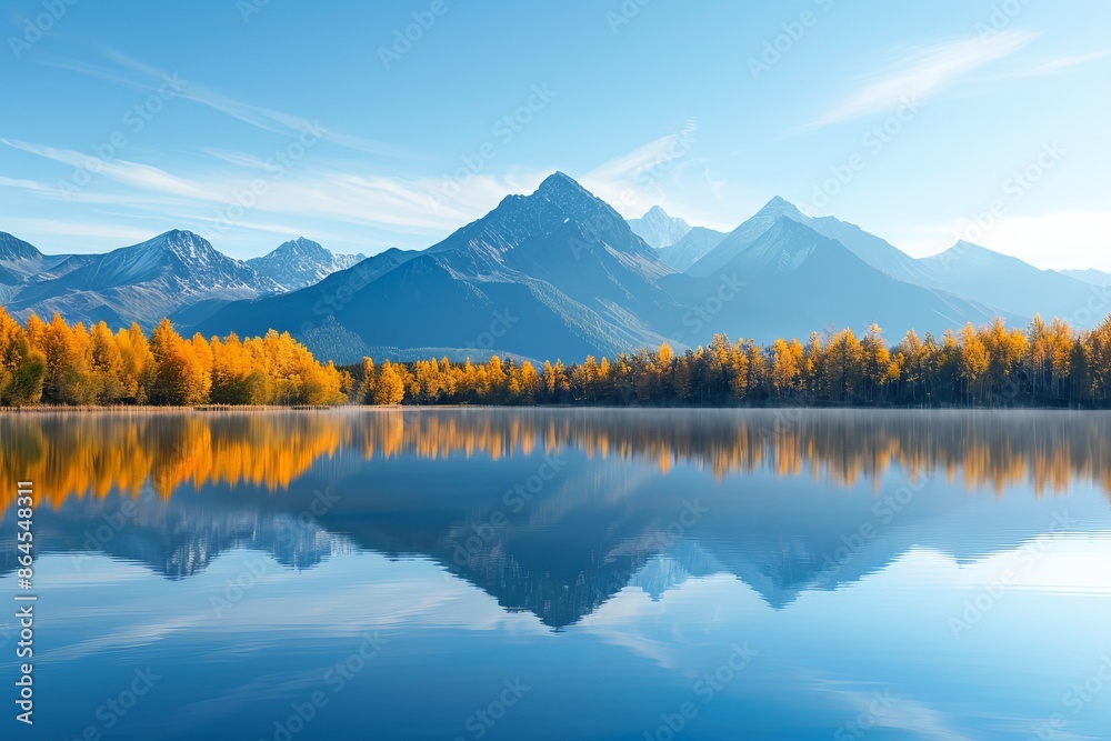 Stunning autumn landscape with mountain reflections in a calm lake, showcasing vibrant fall colors and clear blue skies. Stunning autumn landscape with mountain reflections in a calm lake, showcasing vibrant fall colors and clear blue skies.