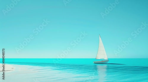 The image is a beautiful minimal landscape. A small boat with white sails is floating on the calm blue ocean. © Design