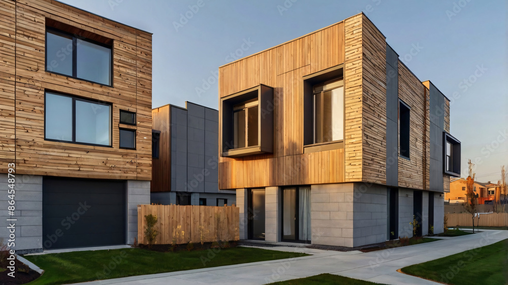 Street with modern modular private townhouses. Appearance of residential architecture Street with modern modular private townhouses. Appearance of residential architecture