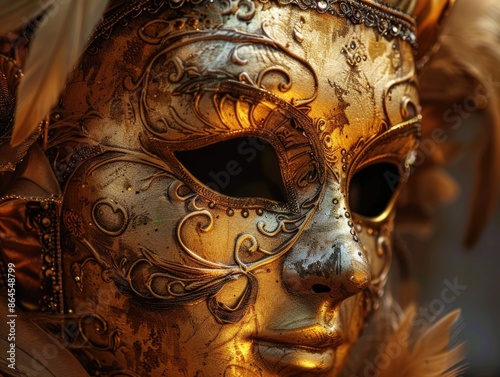 Close-up of gold mask with feathers