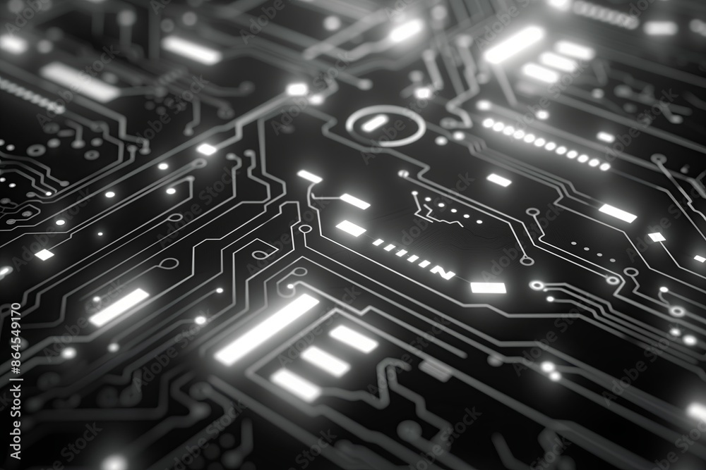 Obraz premium Technology in computer electronics with circuit board. Motherboard processor in background abstract digital tech. Communication hardware in blue industry design. Equipment