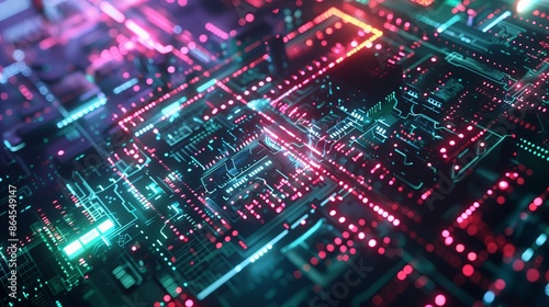 Technology in computer board with digital motherboard. Communication in science electronics with processor hardware. Engineering circuit tech background. System information and