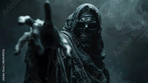 Grim Reaper in Dark Hooded Cloak Reaching Out