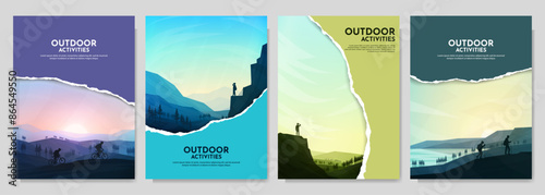 Vector illustration. Travel concept of discovering, exploring and observing nature. Hiking. Climbing. Adventure tourism. Flat design elements brochure, magazine, book cover, invitation, poster, flyer