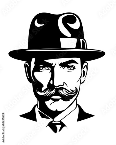 Elegant man with mustaches in fedora hat. Black and white vector isolated illustration. Vintage style. Barbershop logo.