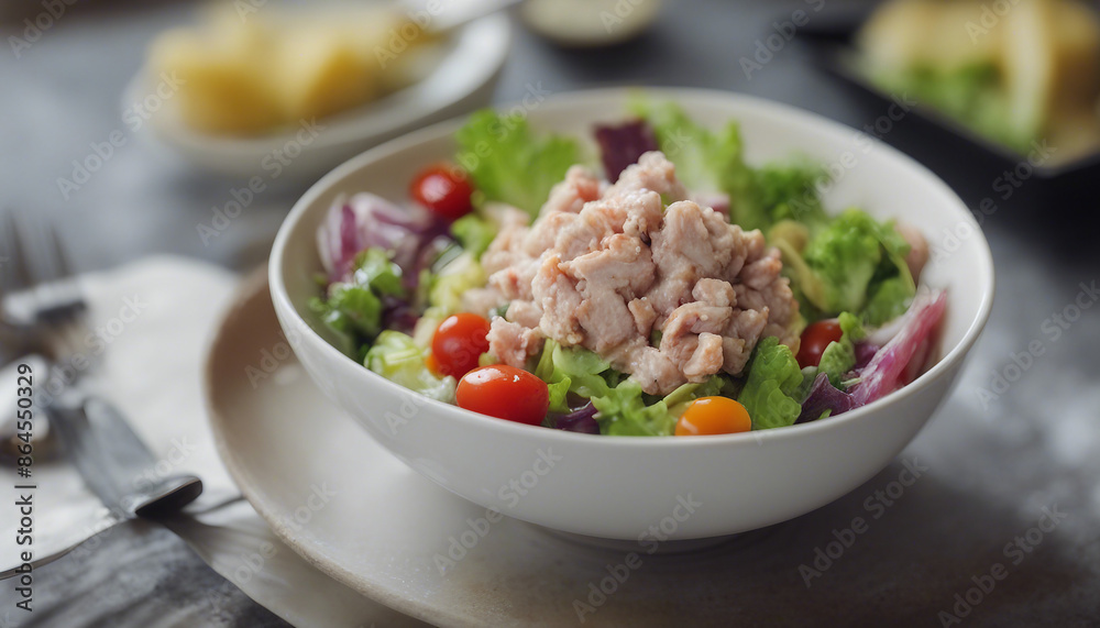 tuna salad in a bowl at restaurant, commercial shoot, copy space for text. tuna salad in a bowl at restaurant, commercial shoot, copy space for text.