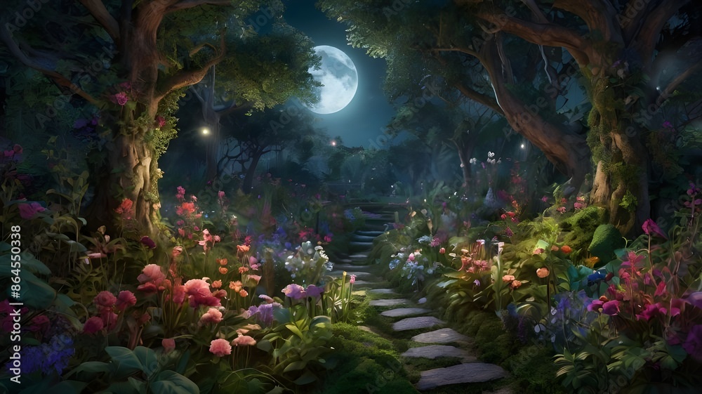 Naklejka premium A beautiful garden full of beautiful flowers and wonderful colors and the garden is very quiet