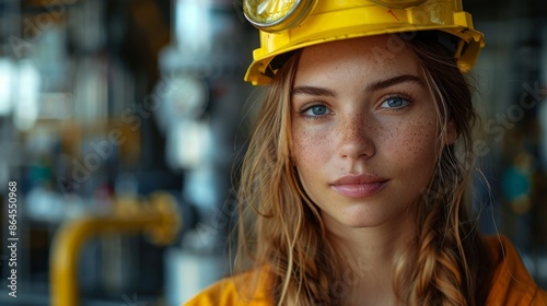 A female factory worker stands confidently in yellow safety gear in a busy industrial environment, demonstrating the importance of maintaining safety and professionalism in manufacturing today © Avve Diana