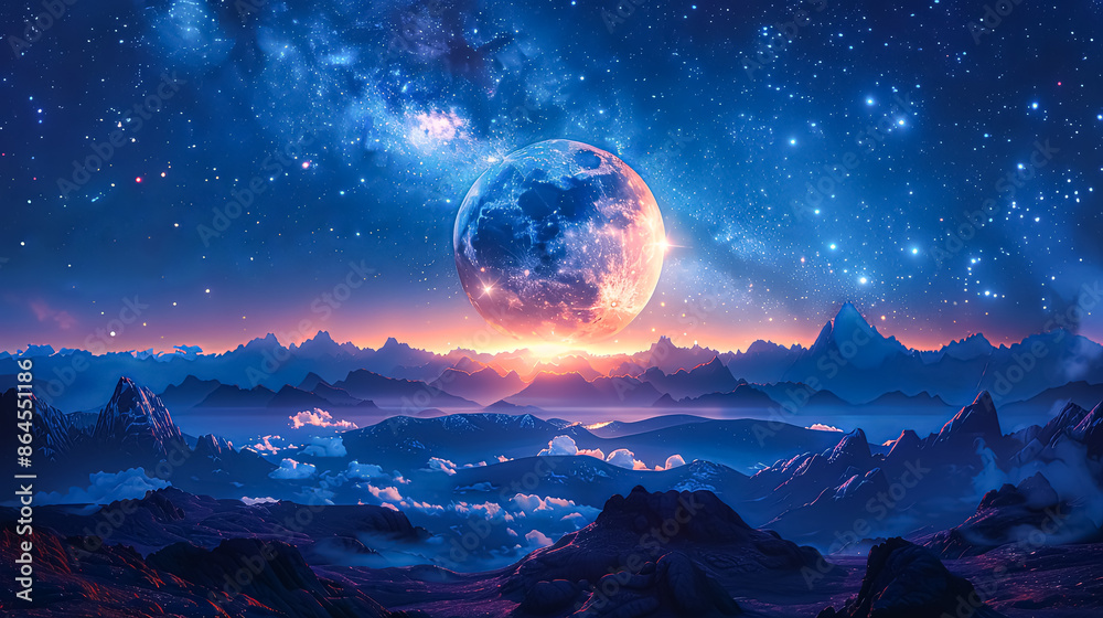 A large orange moon is in the sky above a desert landscape. The moon is surrounded by stars and the sky is dark. The scene is peaceful and serene, with the moon and stars creating a sense of calm A large orange moon is in the sky above a desert landscape. The moon is surrounded by stars and the sky is dark. The scene is peaceful and serene, with the moon and stars creating a sense of calm
