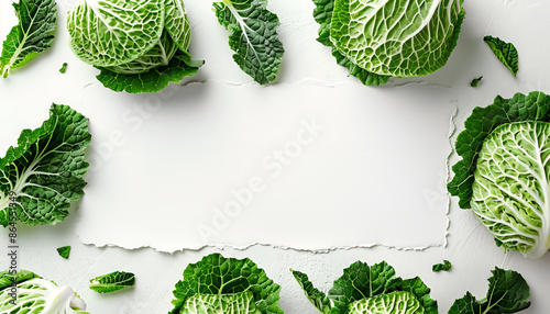 cabbage leaves around the edge of a piece of white paper