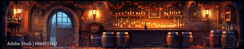 Charming tavern interior featuring wooden barrels, shelves with bottles, and warm, inviting lighting creating a cozy and rustic atmosphere. Generative ai vector illustration. 