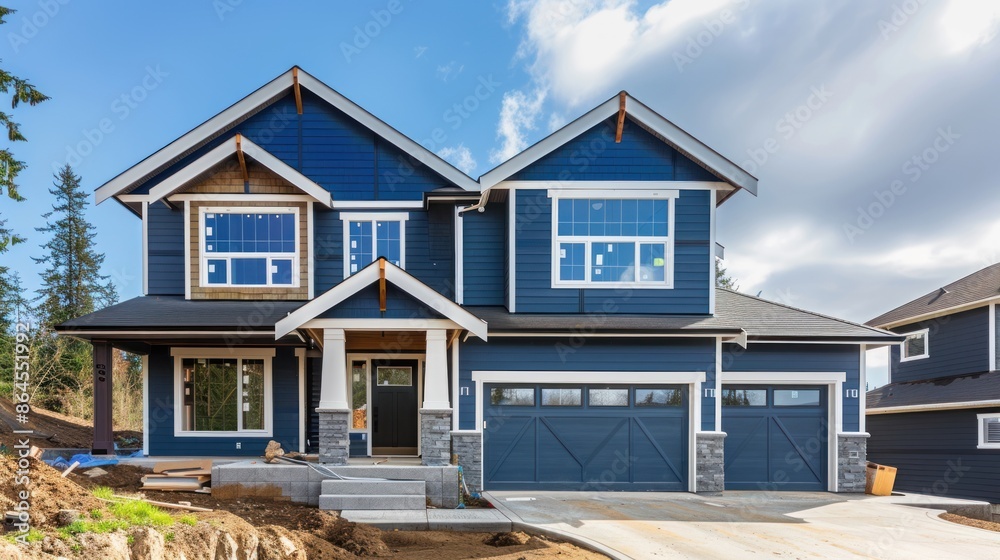A new large house construction with front door and two garage doors building A new large house construction with front door and two garage doors building