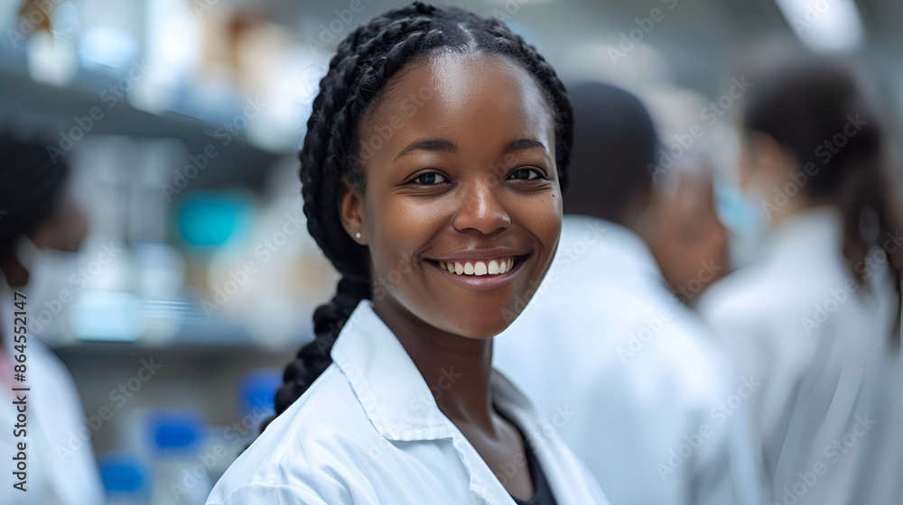 Happy black biochemist working with her colleagues in lab and looking at camera Happy black biochemist working with her colleagues in lab and looking at camera