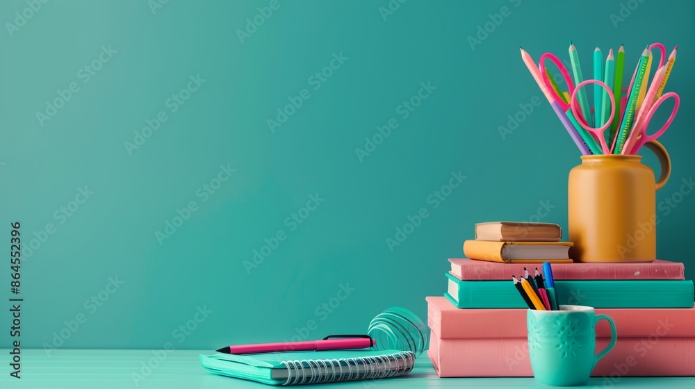 Obraz premium a stack of books with a cup of pencils