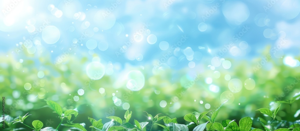 Fototapeta premium Abstract blurred beautiful green nature with blue sky and white clouds wallpaper background for World Environment Day concept