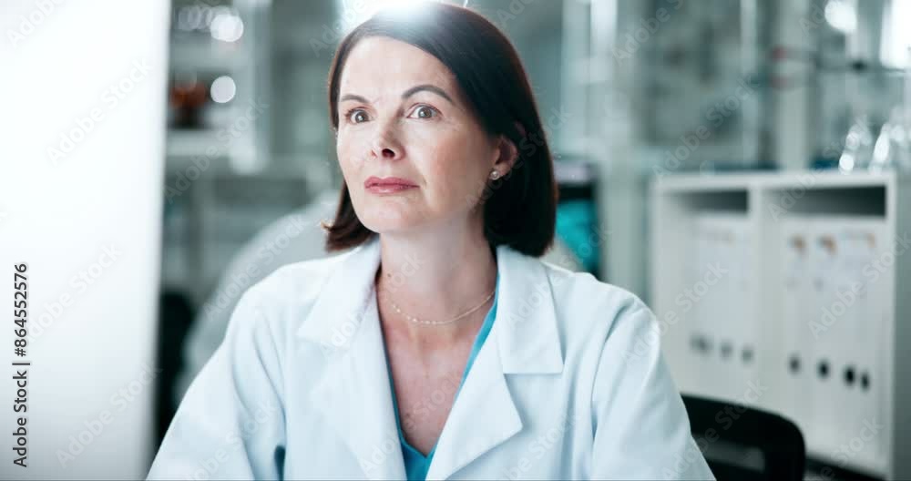 Laboratory, thinking and woman at computer reading research for study with education in biotechnology. Check, online and scientist search for solution or information on internet with science project