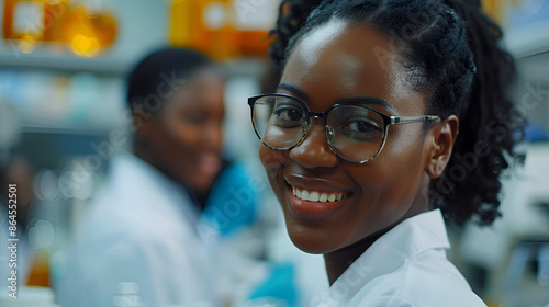 Happy black biochemist working with her colleagues in lab and looking at camera