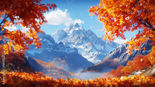 fantasy landscape with red leaves and snow mountains, Wall Art Poster Print Design for Home Decor, Decoration Artwork, Wallpaper & Background for Computer