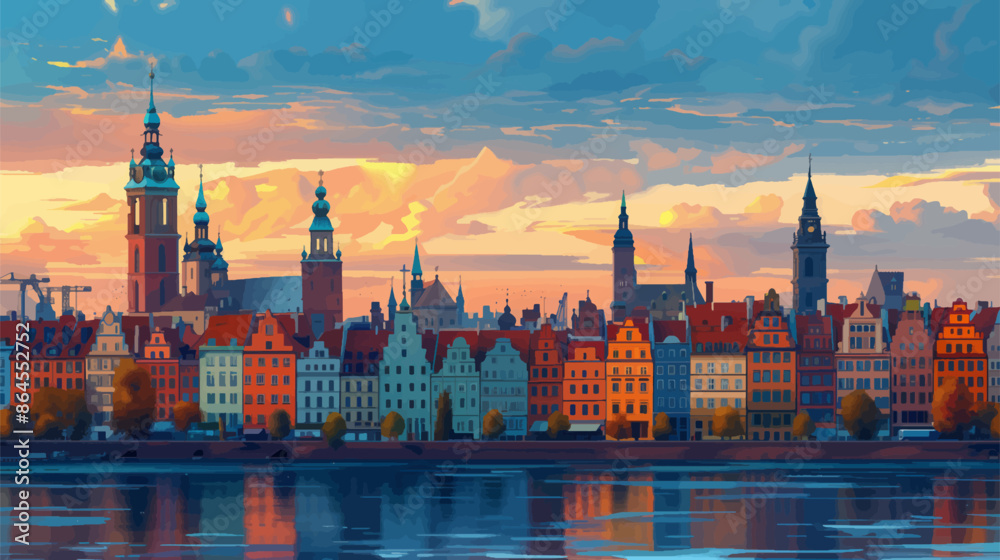 Fototapeta premium Vibrant old European city cityscape featuring colorful buildings along a waterfront, with reflections in the water and a dramatic cloudy sky overhead. Generative ai vector illustration. 