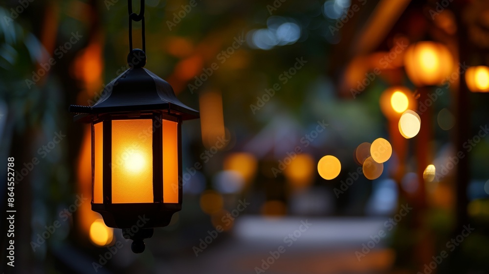 a lantern hanging from a pole in a park at night time a lantern hanging from a pole in a park at night time