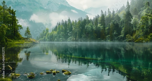 a lake surrounded by trees and mountains in the background