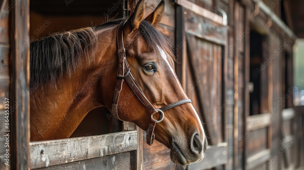 Fototapeta premium horse stall agriculture animal barn bar bay boarding brown building door equestrian farm gate harness head indoor interior light paddock ranch rural scene shack sport stable window wooden closeup.