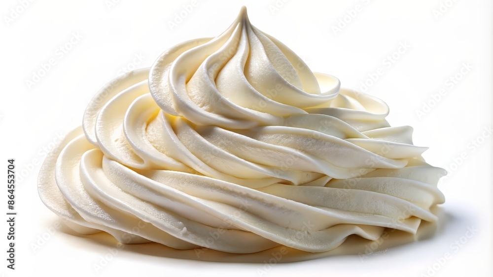 Deliciously fluffy whipped cream swirl in a circular motion, isolated on a pristine white background, cut out with crisp edges, perfect for food and dessert designs. Deliciously fluffy whipped cream swirl in a circular motion, isolated on a pristine white background, cut out with crisp edges, perfect for food and dessert designs.