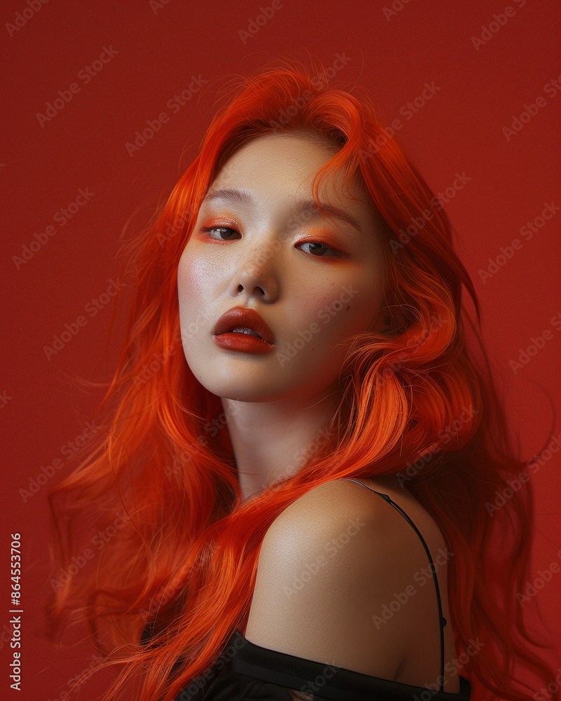 Obraz premium Transgender asian woman bright red hair, posing confidently against soft pink studio background