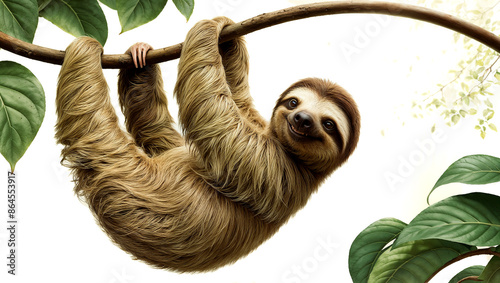 Happy sloth hanging in a tree on a white background
