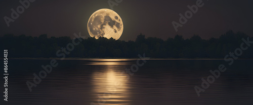 Full Moon Reflection on Calm Lake Generative AI photo