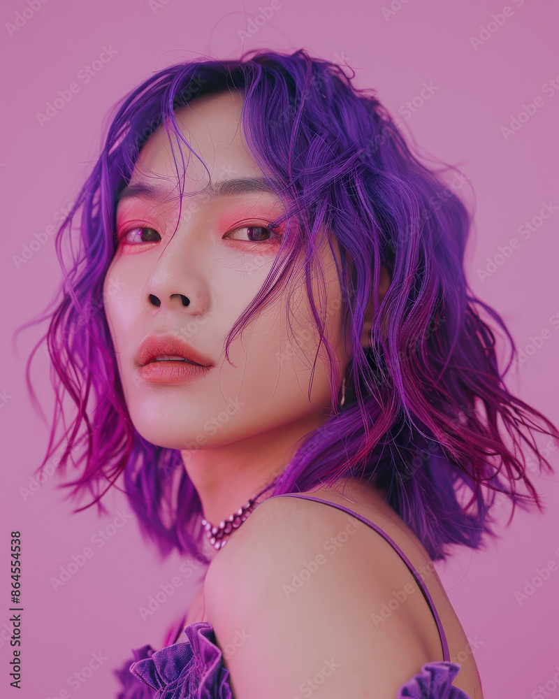 Obraz premium Transgender asian woman bright purple hair, posing confidently against soft pink studio background