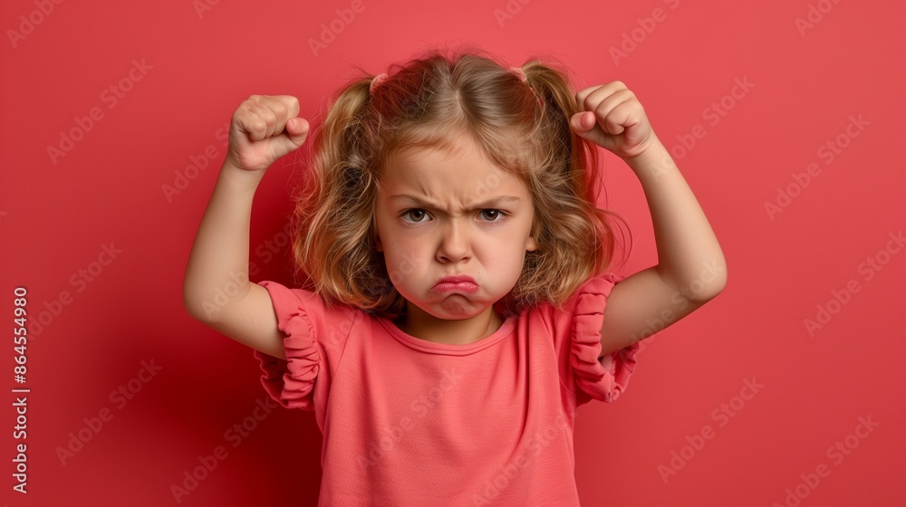 Angry child on a solid red background Angry child on a solid red background