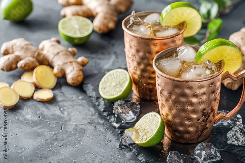 Cold Moscow Mules cocktail with ginger beer  vodka  lime. Grey stone background. Close up. photo