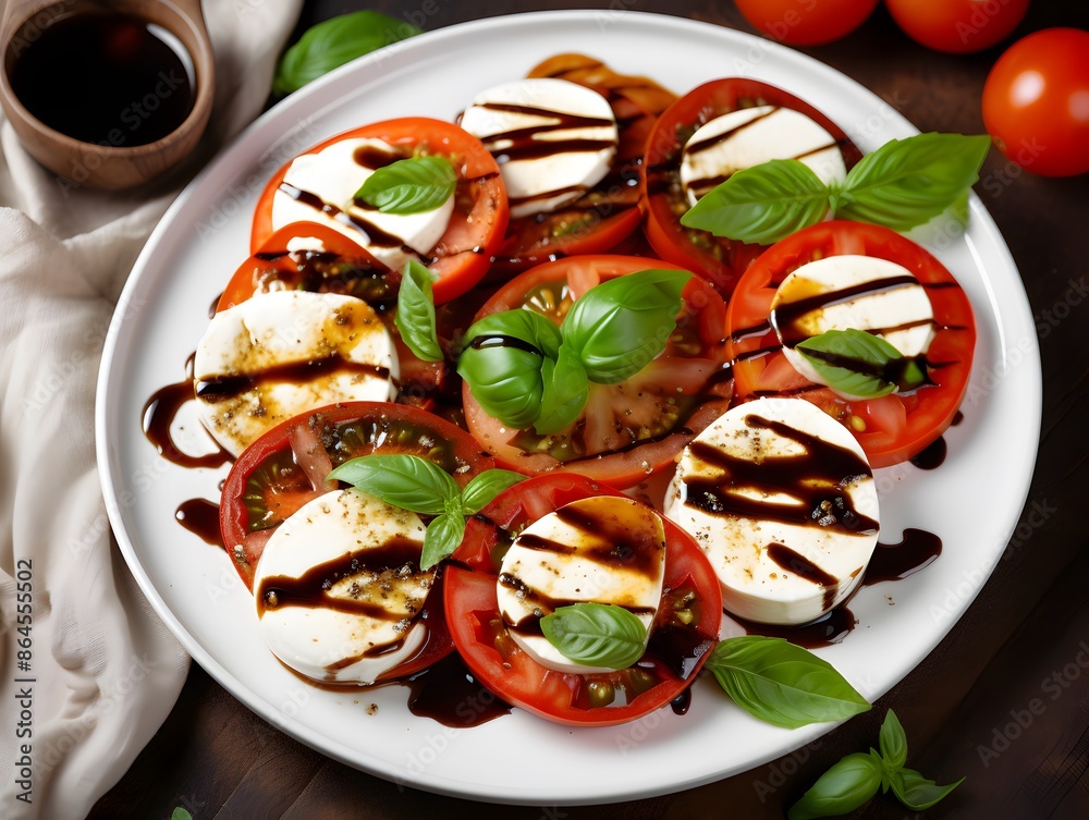 Indulge in the classic delight of a Caprese salad, showcasing juicy, ripe tomatoes, fragrant basil, and smooth mozzarella, perfectly enhanced with a drizzle of balsamic glaze and a touch of olive oil. Indulge in the classic delight of a Caprese salad, showcasing juicy, ripe tomatoes, fragrant basil, and smooth mozzarella, perfectly enhanced with a drizzle of balsamic glaze and a touch of olive oil.