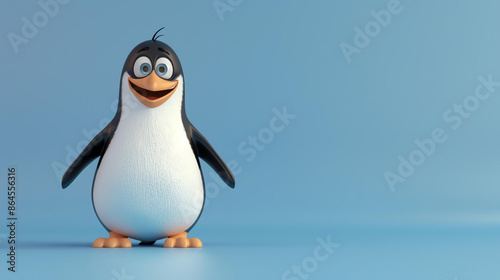 3D rendering of a cute penguin standing on a blue background. The penguin is smiling and has its wings spread out. © Factory