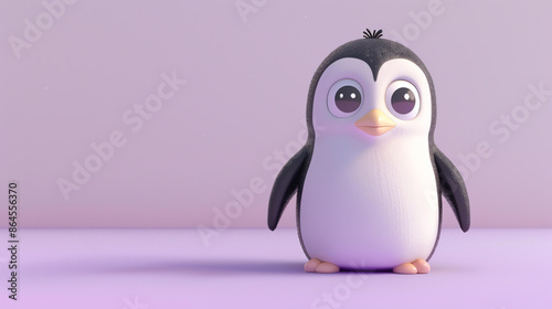 3D rendering of a cute penguin standing on a purple background. © Factory