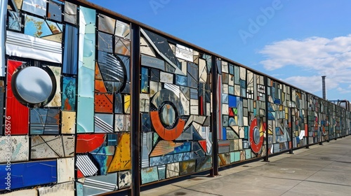 detailed view of an industrial building's wall featuring a mosaic of recycled aluminum siding pieces