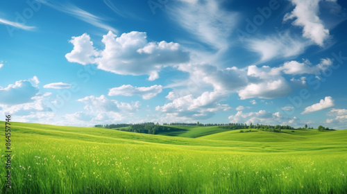 Green Hills Meadows Under Blue Sky White Clouds Panorama Banner