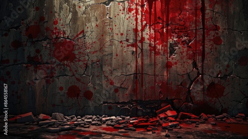 Bloody background scary on damaged grungy crack and broken concrete bricks wall and floor, concept of horror and Halloween