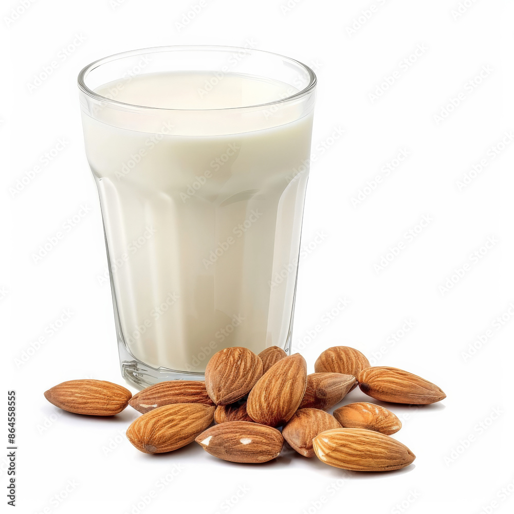 A glass of almond milk with whole almonds scattered around, isolated on white background A glass of almond milk with whole almonds scattered around, isolated on white background
