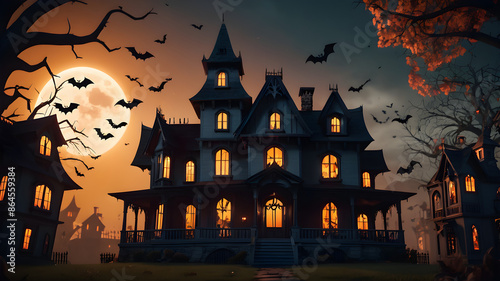 a cartoon haunted house with spooky windows and bats.