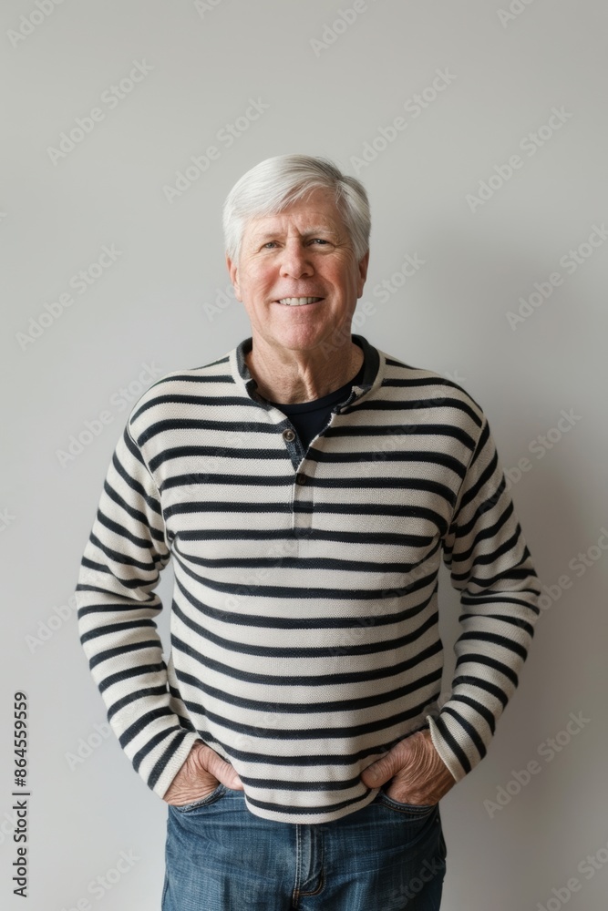 Portrait of a senior man with gray hair wearing a colorful striped shirt, smiling with hands in pockets against a neutral background. Portrait of a senior man with gray hair wearing a colorful striped shirt, smiling with hands in pockets against a neutral background.