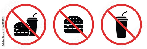 Prohibition of food eating and drinking icon set. Burger and drink bottle symbol. Vector Illustration.