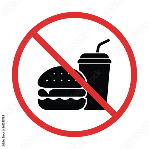 Prohibition of food eating and drinking icon set. Burger and drink bottle symbol. Vector Illustration.