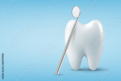 Dental Inspection Banner, Poster. Vector 3d Realistic Dentist Mirror for Teeth with Tooth Icon Closeup on Blue Background. Medical Dentist Tool. Design Template. Dental Health Concept