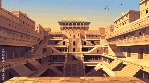 Chand Baori Stepwell in Jaipur Rajasthan India. Cartoon