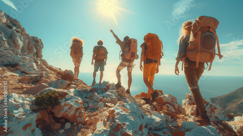 back view of a group of young people climbing a mountain, hiking and outdoor activities among friends.