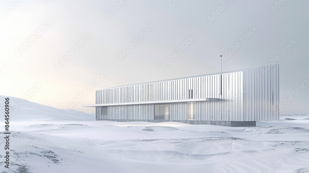 minimalist depiction of a remote research facility in the Arctic, constructed using aluminum siding to withstand extreme conditions minimalist depiction of a remote research facility in the Arctic, constructed using aluminum siding to withstand extreme conditions